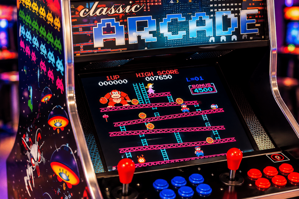 Close-up van Donkey Kong arcadekast met speelveld en bediening