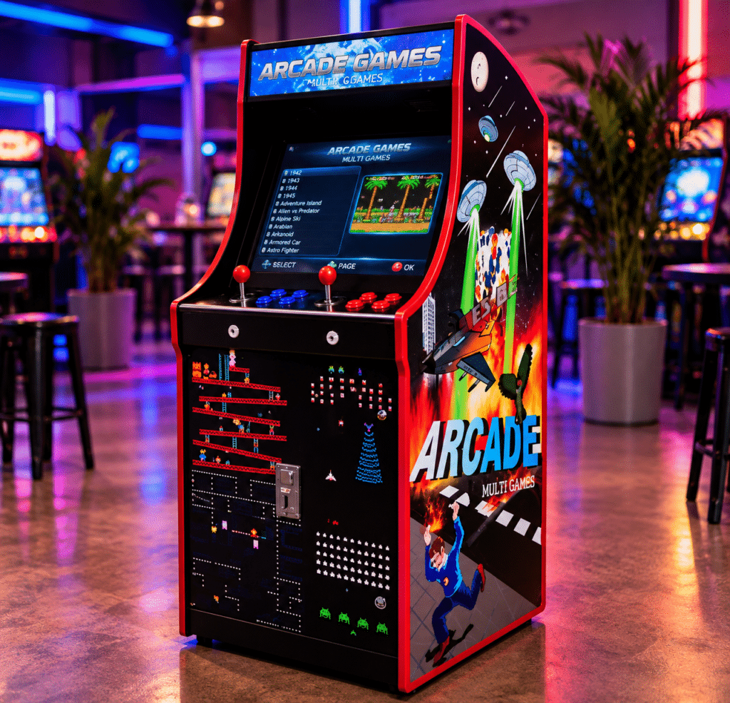 Multigame arcadekast close-up Close-up van Multigame arcadekast met scherm, joysticks en knoppen